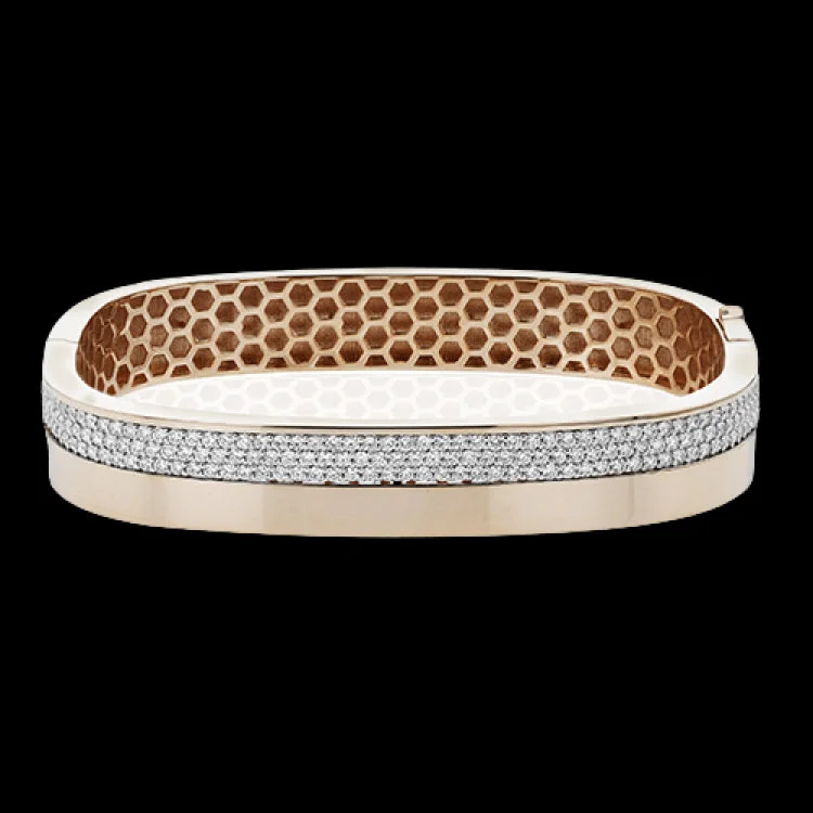 Women’s personalized bracelets-This modern18K two tone bangle in a square design has a brushed rose gold finish on the bottom, and 3 rows of pave set diamonds 1.60 ctw on the top.