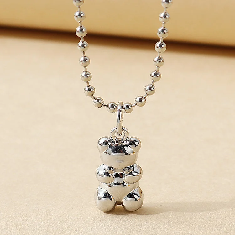 Women’s beaded necklaces-Korean Simple Trendy Bear Pendent Stainless Steel Necklace