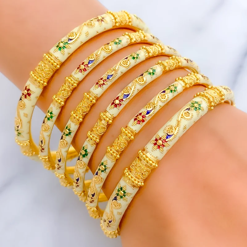 Women’s stackable silver bracelets-Royal Ornate White Enameled 22k Gold Bangle Set