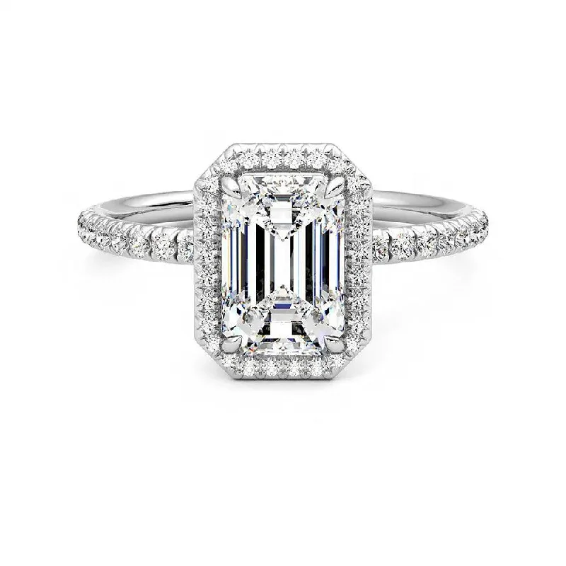 Women’s unique engagement rings-Classic Halo Emerald Cut Moissanite Engagement Ring with Hidden Anniversary Stone Accent