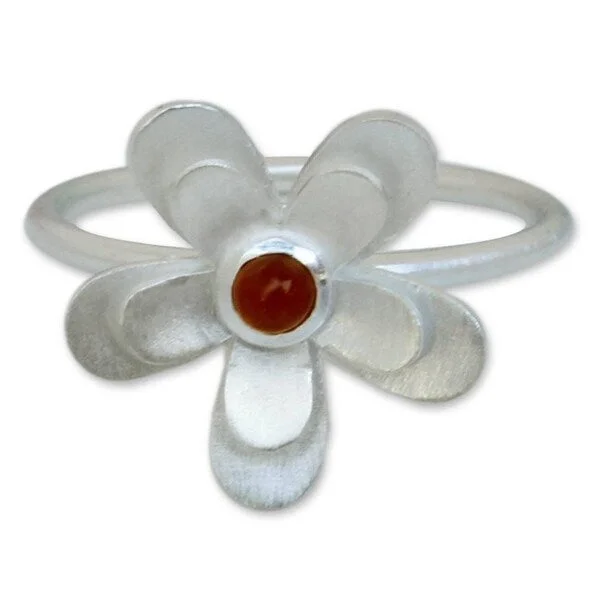 Women’s unique wedding rings-Handmade Sterling Silver 'Sunlit Frangipani' Carnelian Flower Ring (Thailand)