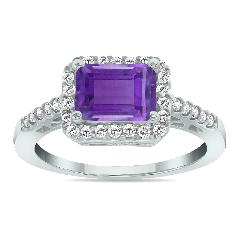 Women’s floral rings-Marquee Jewels 2 1/2 Carat TW Emerald Cut Amethyst Diamond Ring in 10K White Gold