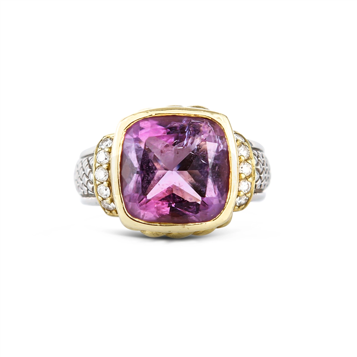 Women’s platinum halo engagement rings-Judith Ripka Sterling Silver and 18K Yellow Gold Amethyst and Diamond Ring (Estate - Retail When New $1350)