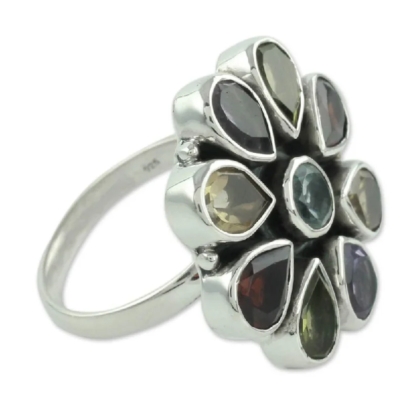 Women’s colorful gemstone rings-Handmade Amethyst and Garnet Flower Ring, 'Floral Glamour' (India)