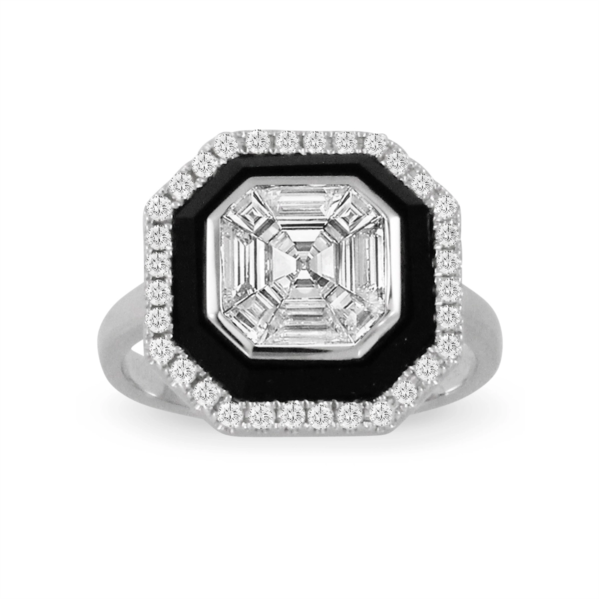 Women’s diamond ring engagement set-Doves 18K White Gold Invisible Set Diamond Ring with Black Onyx