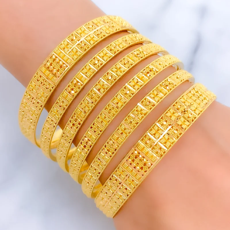 Women’s diamond bangles-Royal Floral Checkered 22k Gold Bangle Set