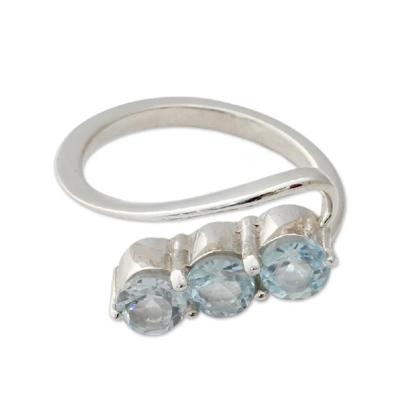 Women’s diamond eternity rings-Handmade Celestial Trio Blue Topaz Sterling Silver Ring (India)