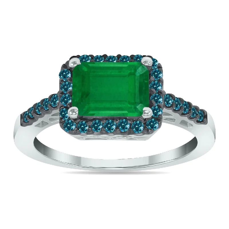 Women’s matching wedding and engagement rings-Marquee Jewels 2 1/2 Carat Emerald Cut Emerald and 1/3 CTW Blue Diamond Ring in 10K White Gold