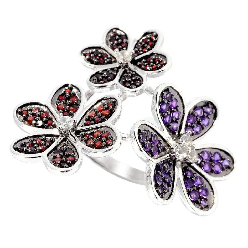 Women’s heart-shaped rings-Sterling Silver Garnet, White Zircon and Amethyst Three Flower Ring