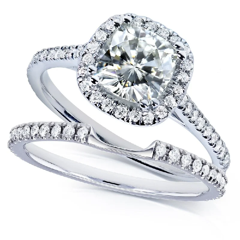 Women’s luxury diamond rings-Annello by Kobelli 14k White Gold 1 1/2ct TGW Near Colorless (H-I) Moissanite with Diamond Halo Bridal Rings Set