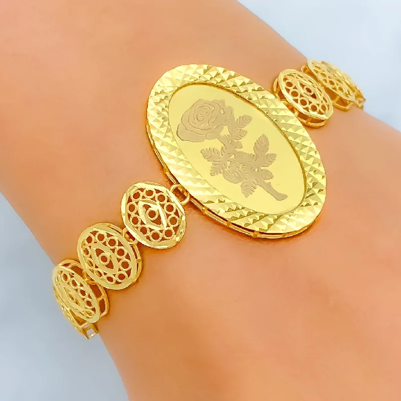 Women’s fashion bangles-Dazzling Ornate Oval 21k Gold Coin Bracelet