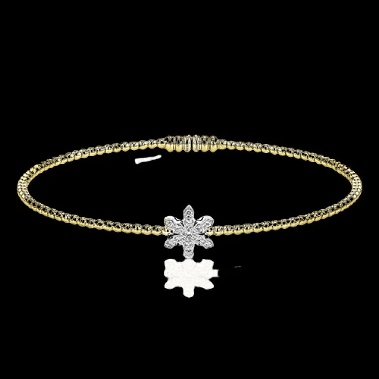 Women’s crystal bracelets-18K YG beaded bangle with diam snowflake station 0.11 ctw, and magnetic closure