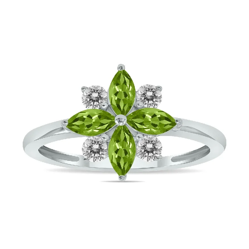 Women’s matching wedding and engagement rings-Marquee Jewels 3/4 Carat TW Peridot and Diamond Flower Ring in 10K White Gold