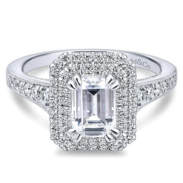 Women’s antique style engagement rings-Gabriel & Co. 14K Jasmine Emerald Cut Diamond Halo Engagement Ring