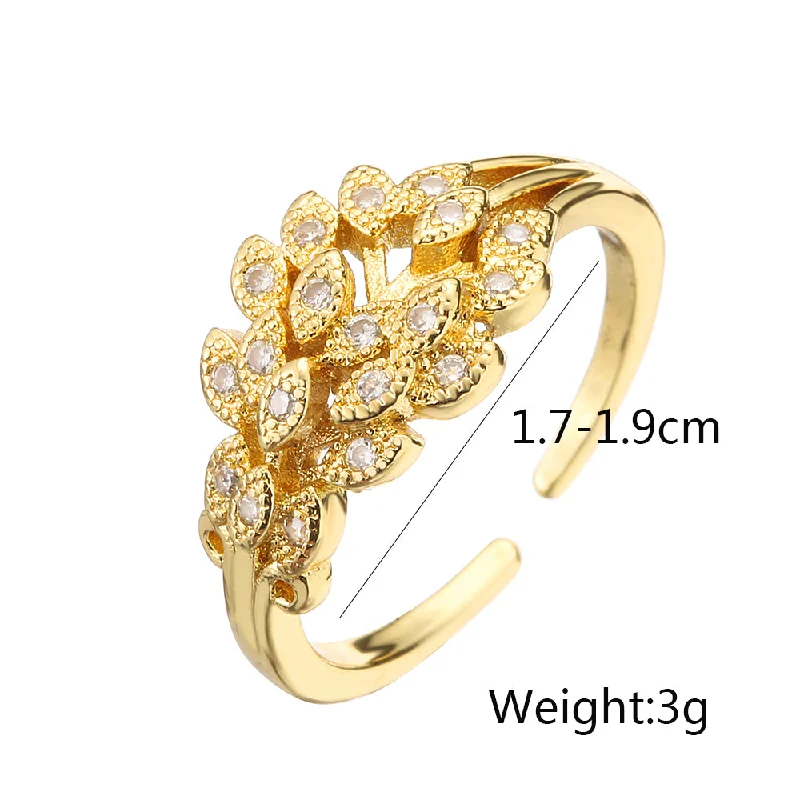 Women’s sapphire and diamond rings-Simple Style Commute Leaf Flower Copper 18k Gold Plated Zircon Open Ring In Bulk