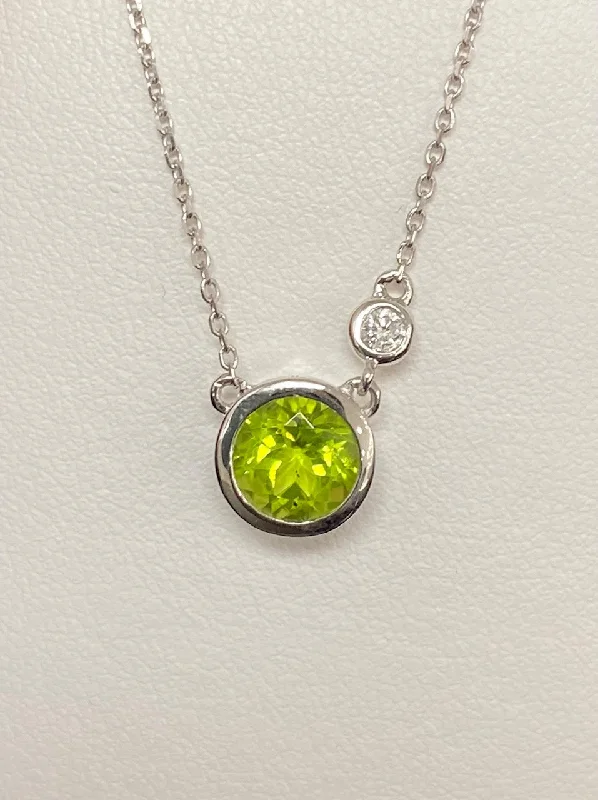 Women’s boho necklaces-14kt White Gold Bezel Peridot and Diamond Necklace