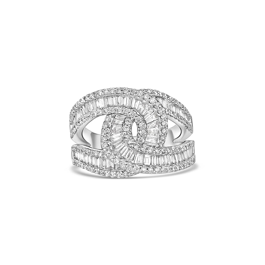 Women’s unique engagement rings-14K White Gold Swirl Baguette, Tapered Baguette and Round Diamond Ring