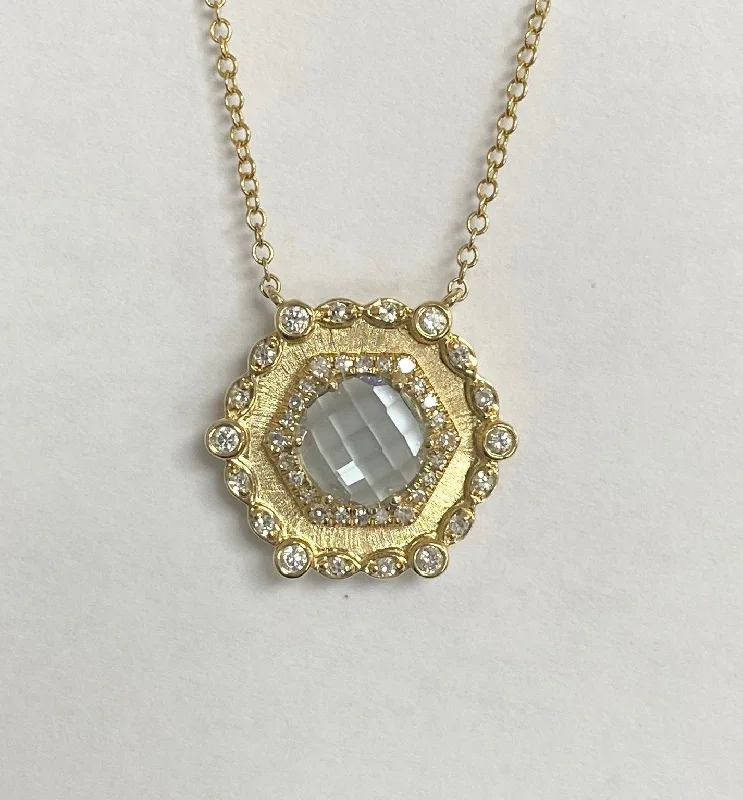 Women’s gold necklaces-14kt Yellow Gold Checkerboard Cut Aquamarine and Diamond Necklace