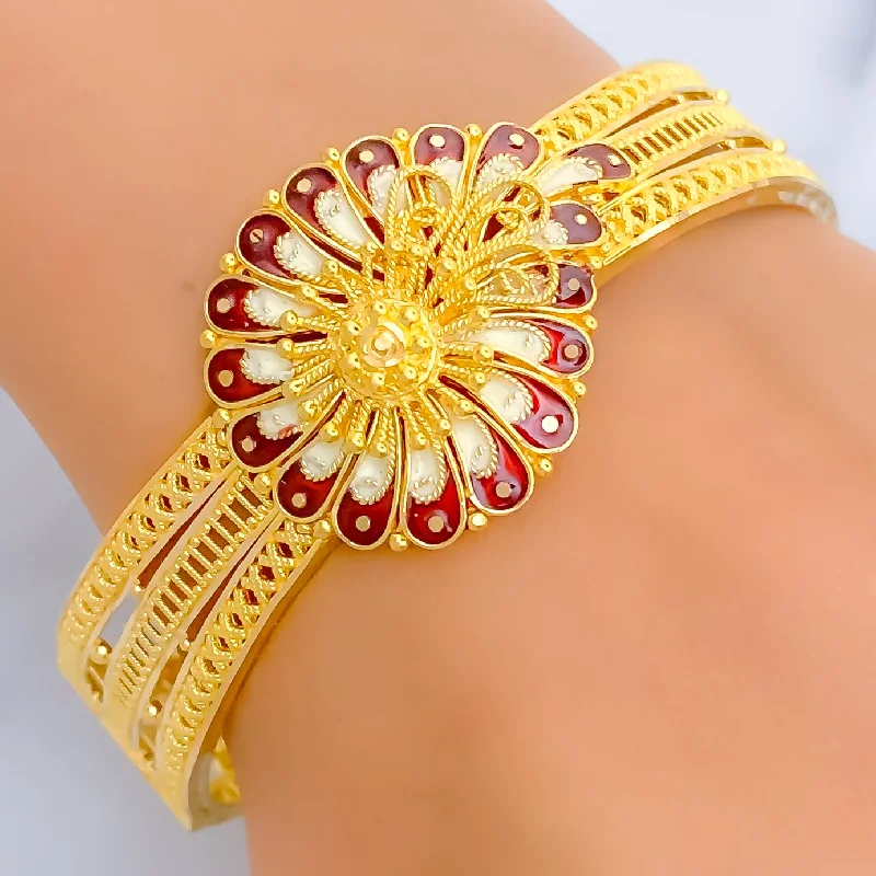 Women’s matching bangles-Colorful Enameled Paisley Flower 22k Gold Screw Bangle