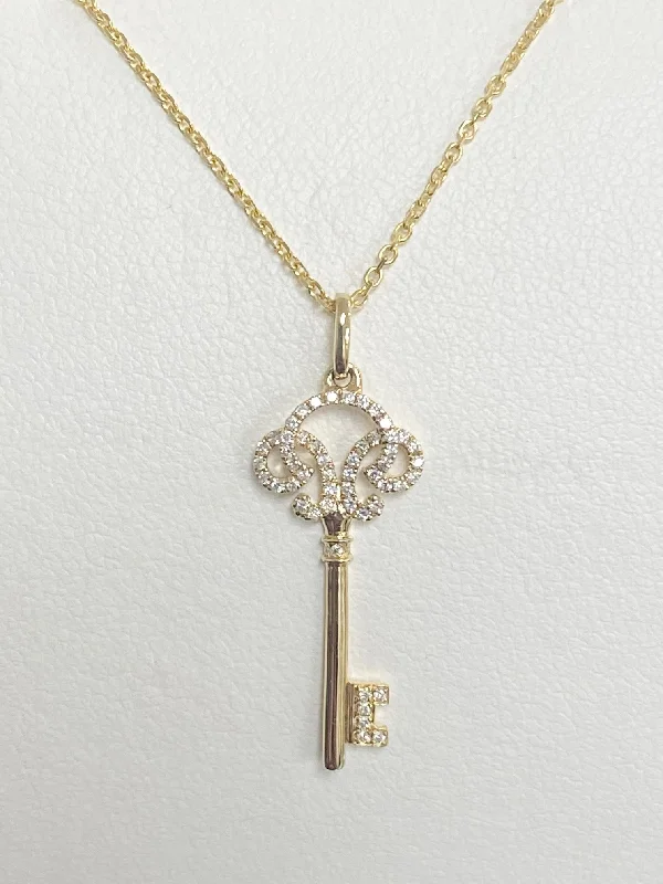 Women’s charm necklaces-14kt Yellow Gold Diamond Key Pendant