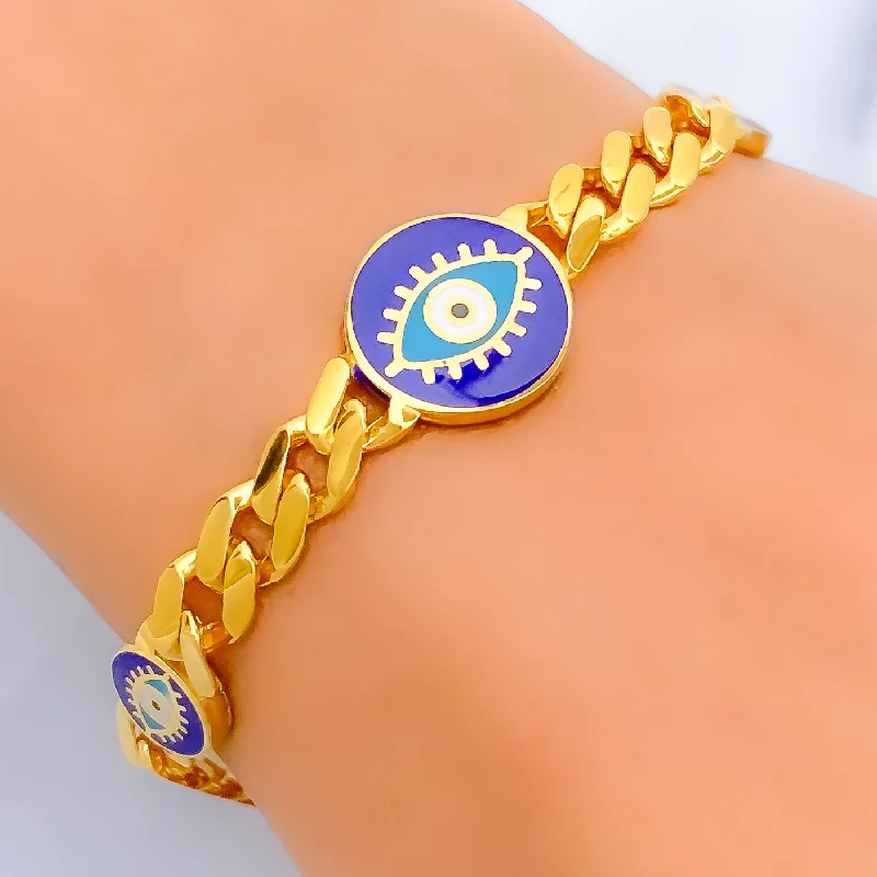 Women’s silver stackable bangles-Jazzy Cuban Link 21k Gold Evil Eye Bracelet