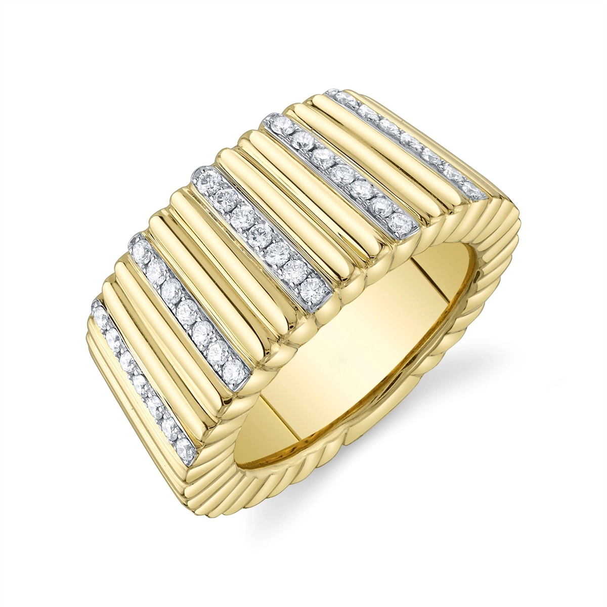 Women’s art deco engagement rings-14K Yellow Gold Wide Ridged Diamond Ring