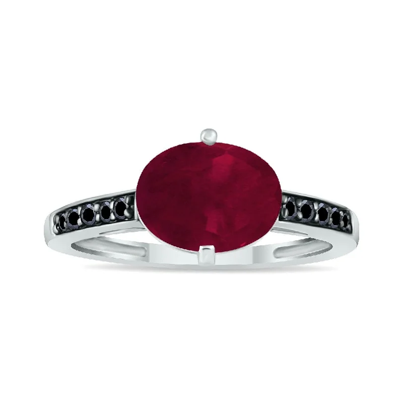 Women’s birthstone rings-Marquee Jewels Ruby and Black Diamond Ring in 10K White Gold