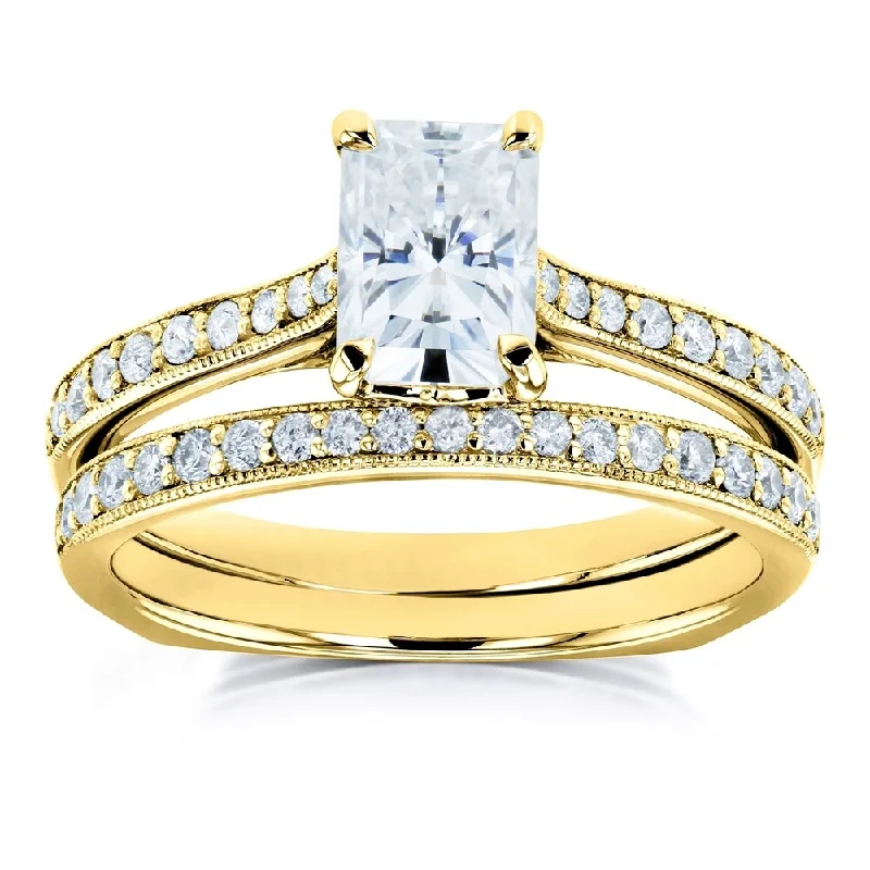 Women’s large gemstone rings-Annello by Kobelli 14k Gold 1 3/5ct TGW Radiant Moissanite and Diamond Square Band Trellis Bridal Rings Set (DEF/VS, GH/I)