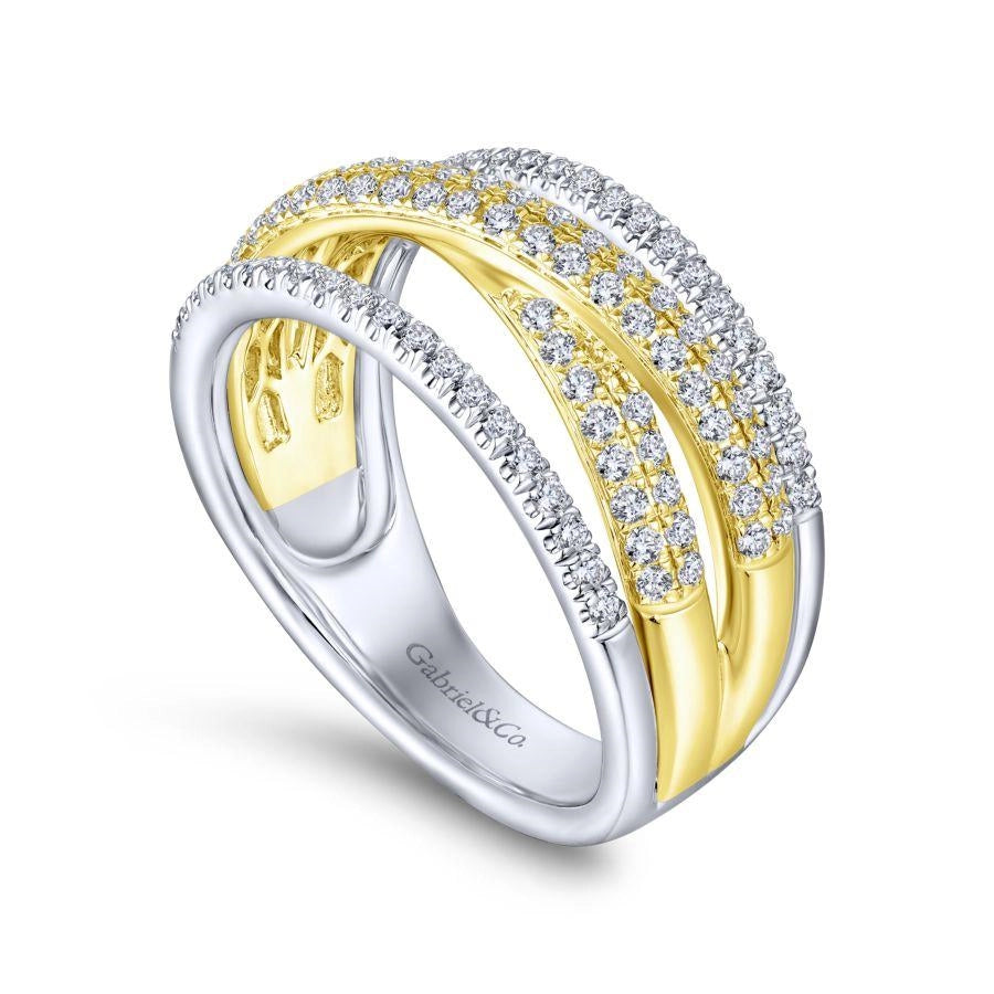 Women’s custom engagement rings-Gabriel & Co. 14K Yellow and White Gold Criss Crossing Multi Row Diamond Ring