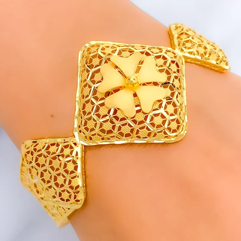 Women’s sleek silver bangles-Geometric Netted Floral 22k Gold Bangle Bracelet