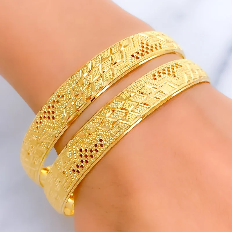 Women’s diamond bangles-Classic Alluring Checkered 22k Gold Bangle Pair