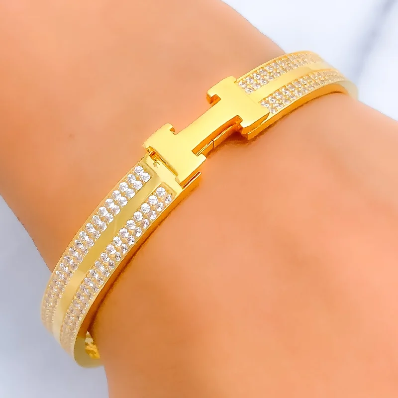 Women’s mixed metal bracelets-Special Double Lined 21k Gold CZ Bangle Bracelet