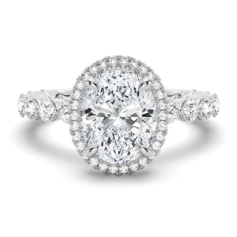 Women’s oval diamond engagement rings-Oval Halo with Pavé Shared Prong Band Moissanite Engagement Ring