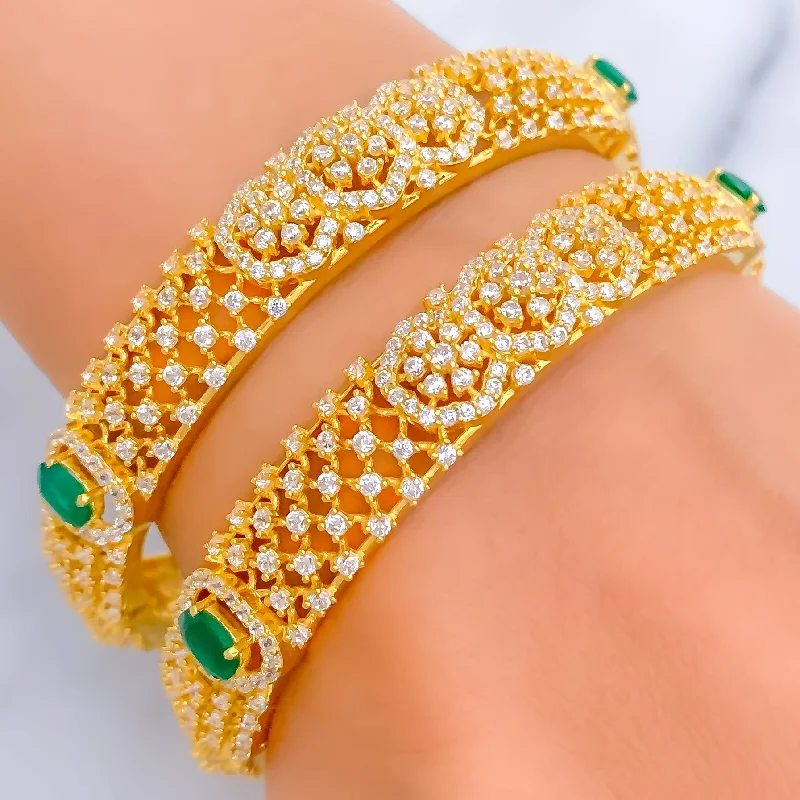 Women’s statement bracelets-Decadent Triple Floral 22k Gold CZ Bangle Pair