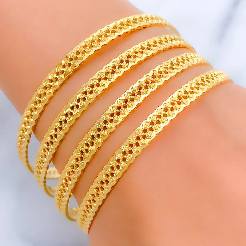 Women’s personalized charm bangles-Intricate Dotted Wavy 22k Gold Bangles