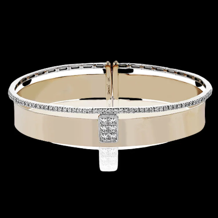 Women’s silver cuff bracelets-Stunning two-tone wide bangle in rose gold has a brushed finish and features a cluster of princess cut diamonds 0.43 ctw in its center, with a row of round brilliant diamonds 0.39 ctw. along the edge