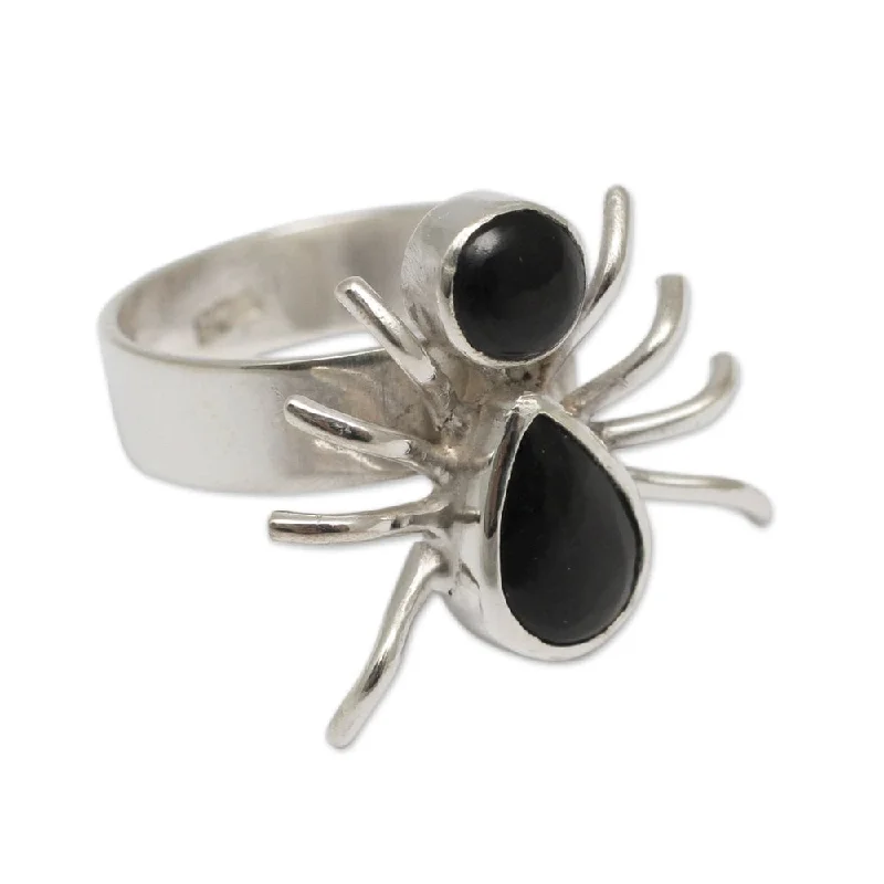 Women’s cubic zirconia engagement rings-Handmade Sterling Silver Little Spider Obsidian Ring (Peru)