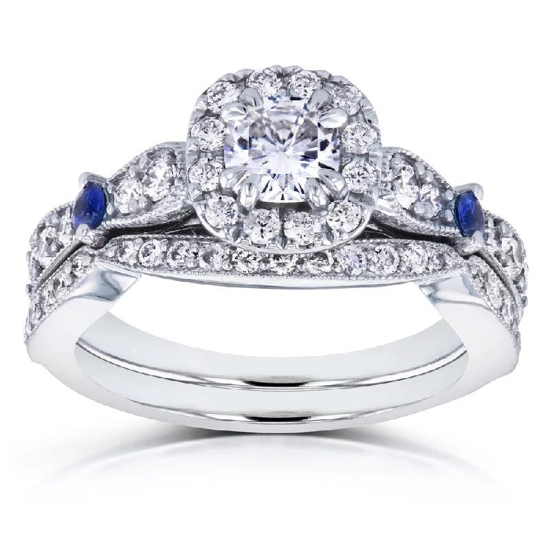 Women’s engagement rings with diamonds-Annello by Kobelli 14k White Gold 1 1/6ct TGW Moissanite with Sapphire and Diamond Antique 2 Ring Bridal Set (GH, I1-I2)