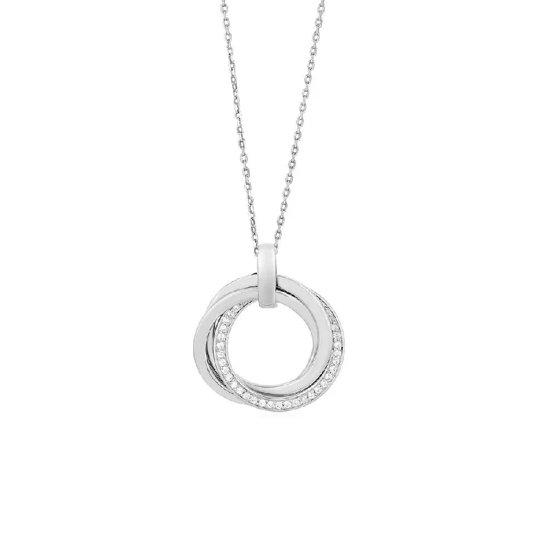 Women’s simple engagement rings-Interlocking Rings Pendant with Cubic Zirconia in Sterling Silver