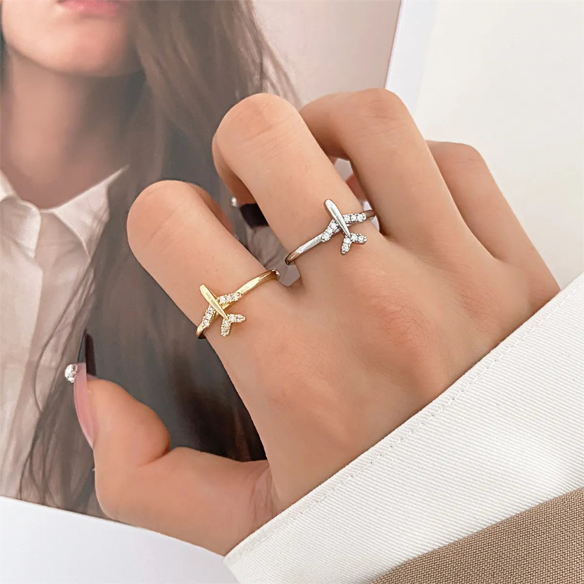 Women’s floral rings-Fashion Airplane Copper Zircon Open Ring In Bulk