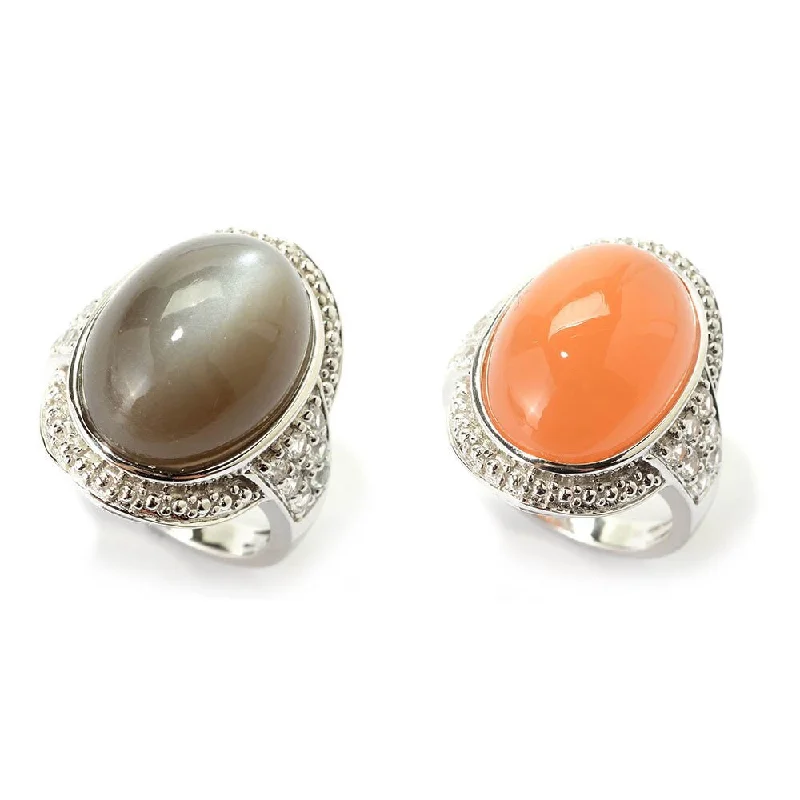 Women’s mixed metal rings-Pinctore Sterling Silver Oval Moonstone and White Topaz Ring