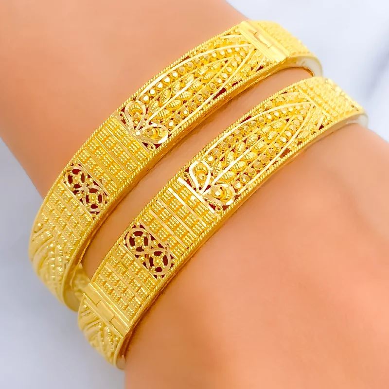 Women’s crystal bracelets-Checkered Embellished 22k Gold Leaf Bangle Pair