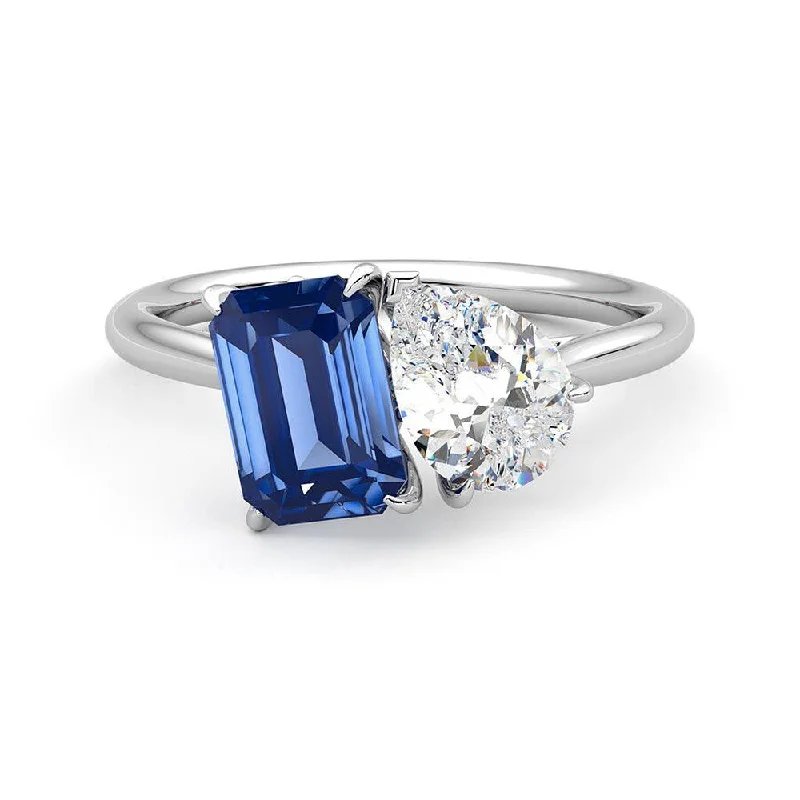 Women’s eco-friendly engagement rings-Toi et Moi Pear Shaped Moissanite and Emerald Cut Sapphire Engagement Ring