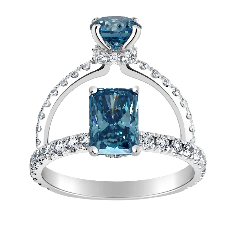 Women’s engagement rings with topaz-1.47ctw Lab Grown Emerald Cut Blue Diamond Ribbon Halo Engagement Ring