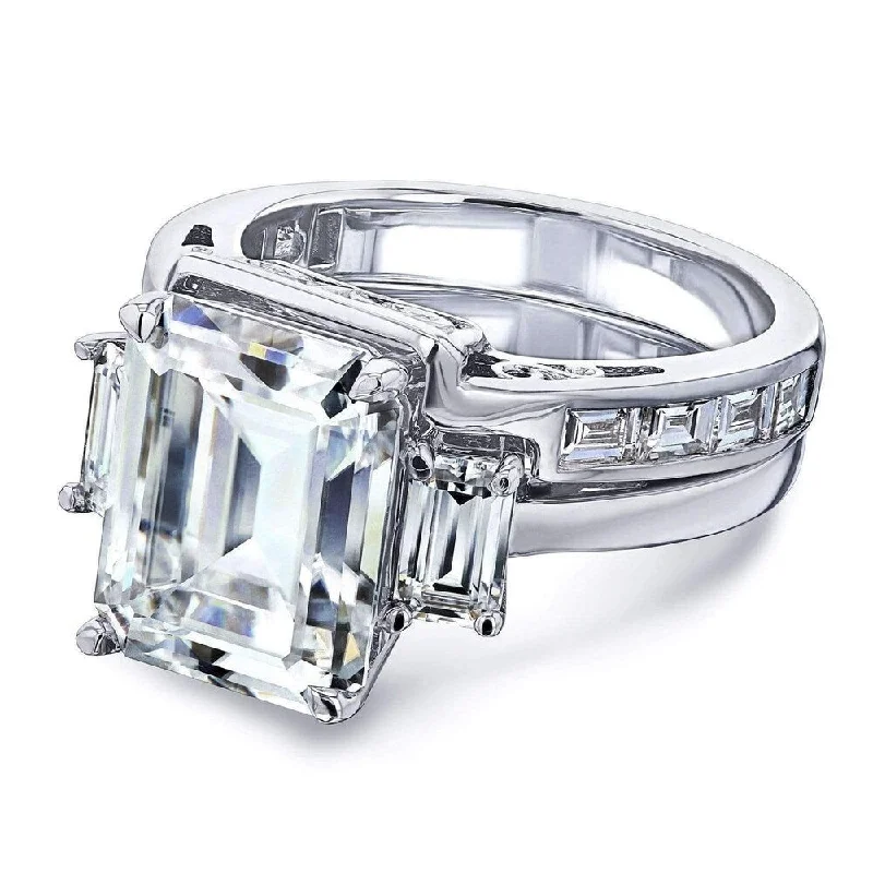 Women’s moonstone rings-Annello by Kobelli Echo 14k White Gold 5.90 Carats TGW 3-Stone Emerald Moissanite and Baguette Diamond Bridal Rings Set.