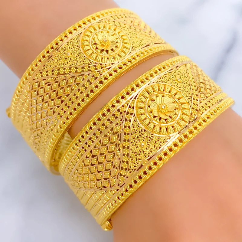 Women’s pearl bangle bracelets-Royal Mesh Floral 22k Gold Bangle Pair