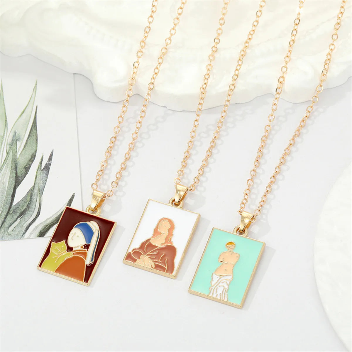 Women’s rose gold necklaces-European Retro Alloy Drop Oil Van Gogh Oil Painting Square Pendant Collarbone Chain Female