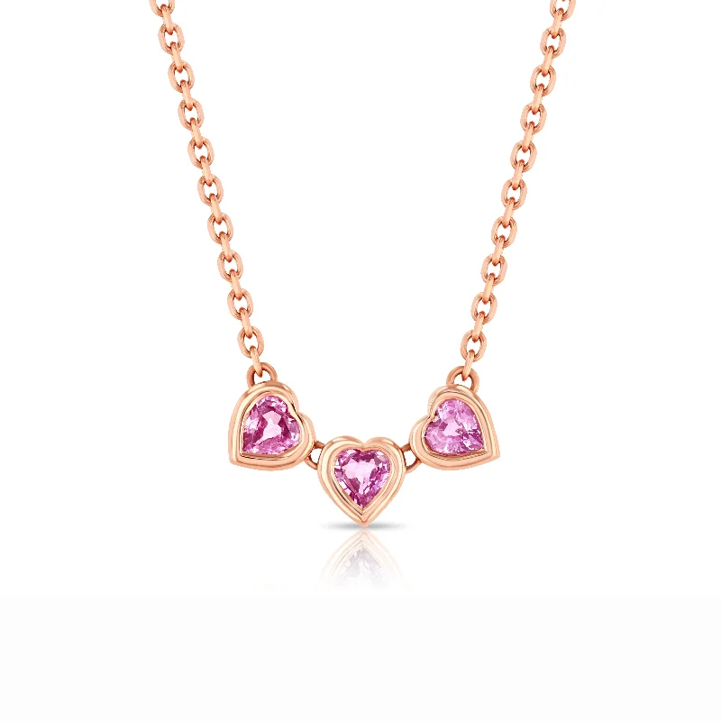 Women’s bridal jewelry necklaces-Pink Sapphire Trio Heart Necklace