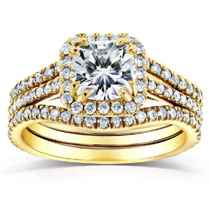 Women’s two-tone rings-Annello by Kobelli 14k Yellow Gold 1 4/5ct TGW Moissanite and Diamond Bridal Rings 3-pc Set