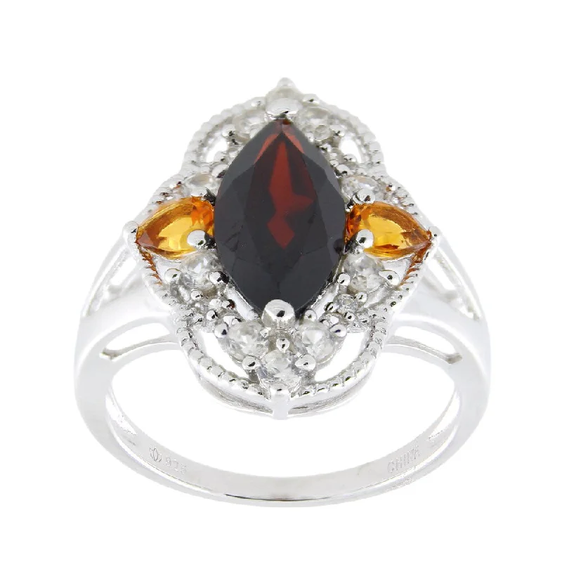 Women’s colorful gemstone rings-Sterling Silver Marquise Garnet Citrine and White Zircon Ring - Red